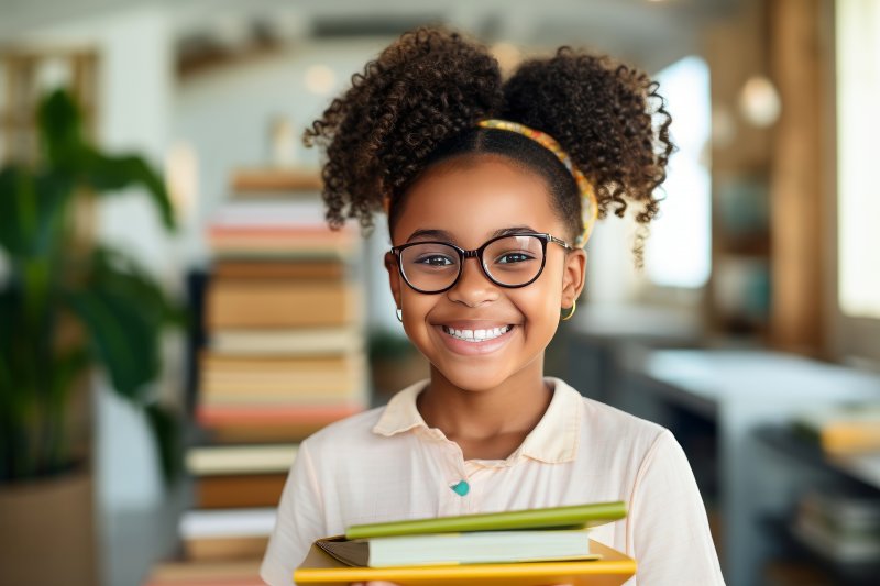 young girl with glasses at school